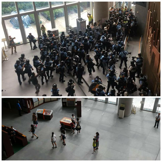 ▲ 입법회 내부의 12일 시위대의 공격이 시작된 당시 (위) 와, 19일 일반개방이 재개된 모습 ⓒ허동혁