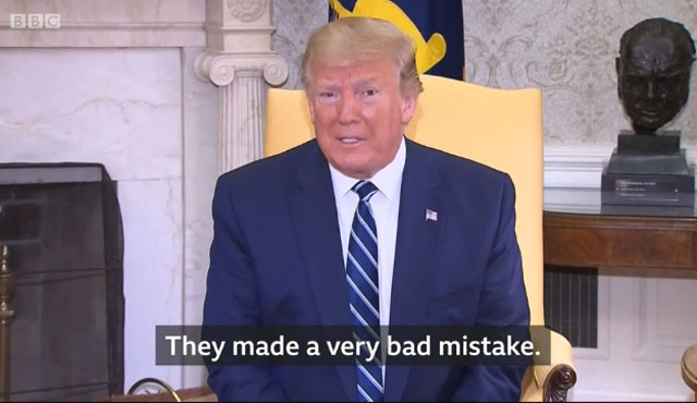 ▲ 20일(현지시간) 저스탱 트뤼도 캐나다 총리와 정상회담을 가진 뒤 기자회견을 하는 도널드 트럼프 미국 대통령. 그는 이란의 무인정찰기 격추를 어떤 개인의 실수라고 표현했다. ⓒ영국 BBC 관련보도 화면캡쳐.