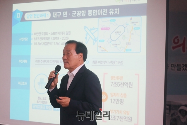 ▲ 김주수 군수가 군청 대회의실에서 열린 민선7기 1주년 간담회에서 군정방향을 설명하고 있다.ⓒ뉴데일리