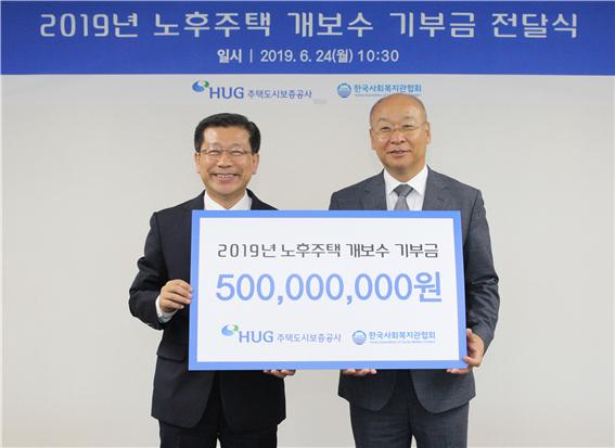 ▲ 이재광 HUG 사장(왼쪽)이 남국희 한국사회복지관협회장에게 노후주택 개보수 사회공헌 후원금을 전달하고 기념촬영을 하고 있다.ⓒHUG