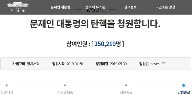▲ 청와대 국민청원 사이트에 올라온 '문재인 대통령을 탄핵해달라'는 청원 글. ⓒ청와대 국민청원 홈페이지