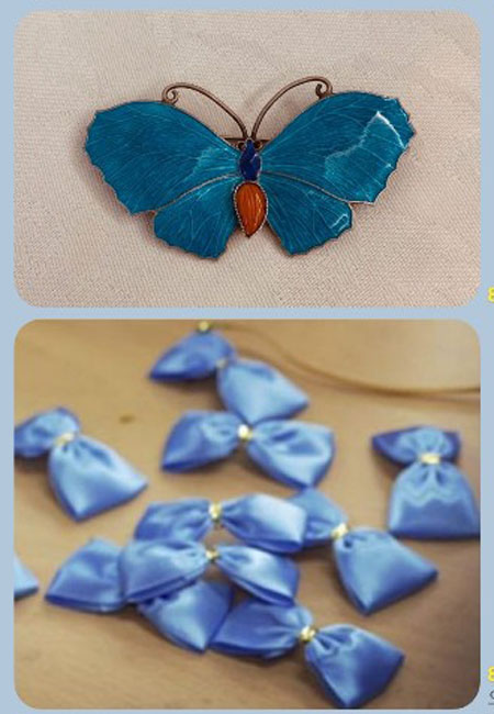 ▲ 청와대가 1일 기자들에게 공유한 김정숙 여사의 파란나비 브로치와 성주 사드반대 운동단체들의 파란나비 비교 사진. ⓒ청와대 제공.