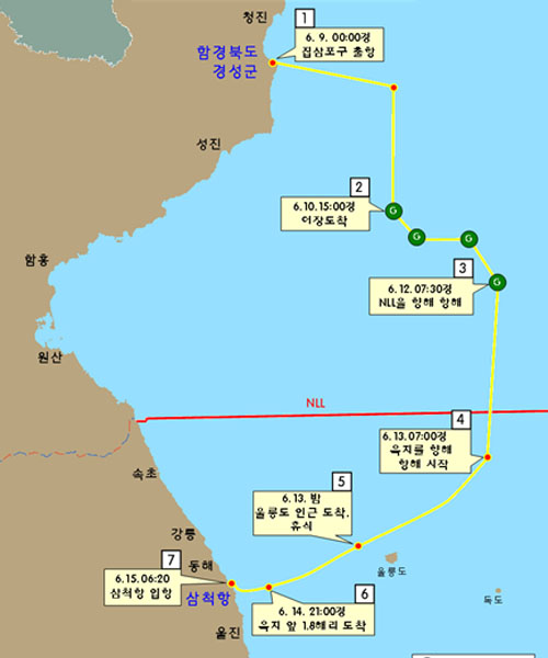 ▲ 정부 합동조사단이 공개한 북한목선 항해경로. ⓒ정부 합동조사단 제공.