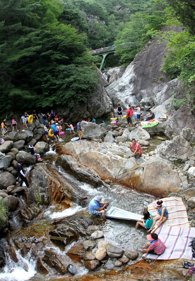 ▲ 민족의 명산 소백산 지류를 따라 내려오는 천동계곡에서 더위를 식히고 있는 관광객들.ⓒ단양군