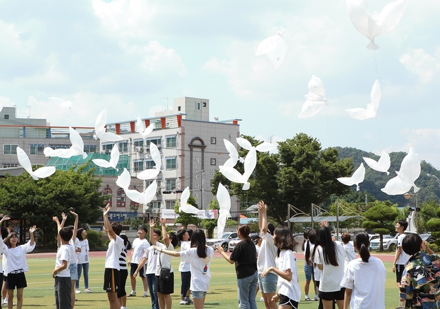 ▲ 왜관초등학교 6학년 47명은 46+1의  모양을 만들고 천안함 희생장병을 추모하는 친환경 비둘기 풍선을 날리고 있다.ⓒ칠곡군