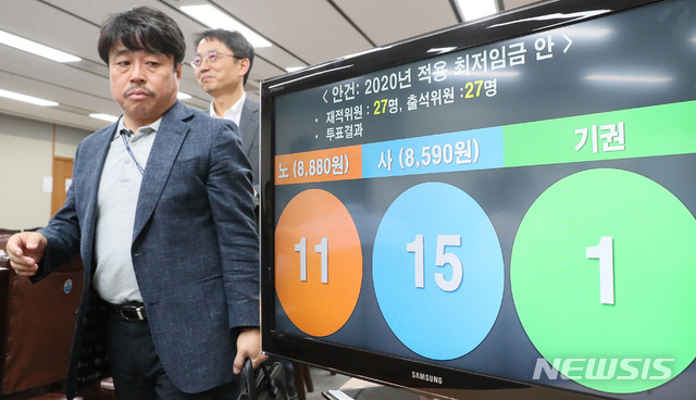 ▲ 최저임금위원회는 12일 새벽 제13차 전원회의를 열고 2020년 최저임금을 8590원 안으로 의결했다.ⓒ뉴시스