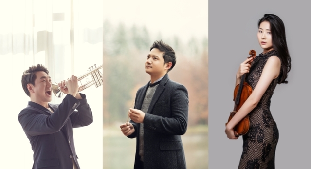 ▲ 왼쪽부터 트럼페터 나웅준, 지휘자 안두현, 바이올리니스트 이수민.ⓒ봄아트프로젝트