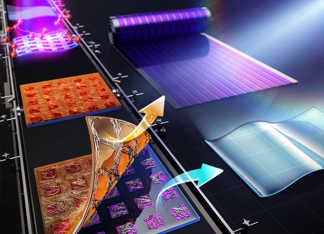 ▲ 기판과 은 나노 와이어의 접착력을 제어하여 두 종류의 유연투명전극을 동시에 제작할 수 있으며, 이를 각각 태양전지, 디스플레이 등에 응용 가능함을 나타내는 이미지.ⓒ금오공대