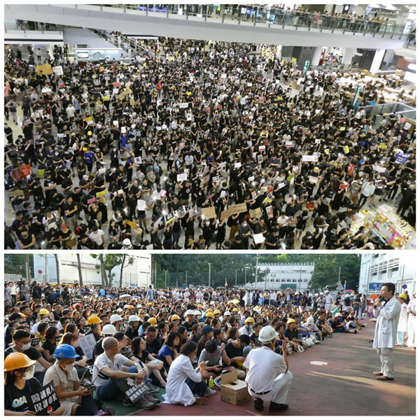 ▲ 26일 홍콩 공항에서 열린 항공업계 종사자 시위 (위) 와 시내 병원에서 열린 의료업계 종사자 시위 (아래).ⓒ허동혁