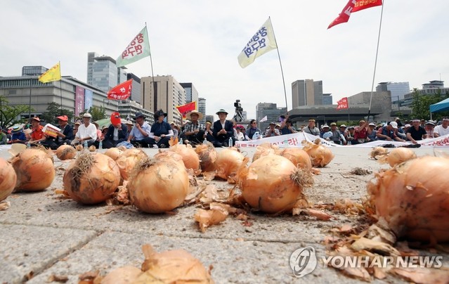 ▲ 7월 소비자물가 상승률이 0.6% 상승에 그쳤다. 사진은 이달 19일 서울 광화문광장에서 열린 전국농민회총연맹 농산물값 폭락대책 촉구 문재인 정부 농정규탄 전국생산자대회에서 참가자들이 내던진 양파가 바닥에 버려진 모습.ⓒ연합뉴스