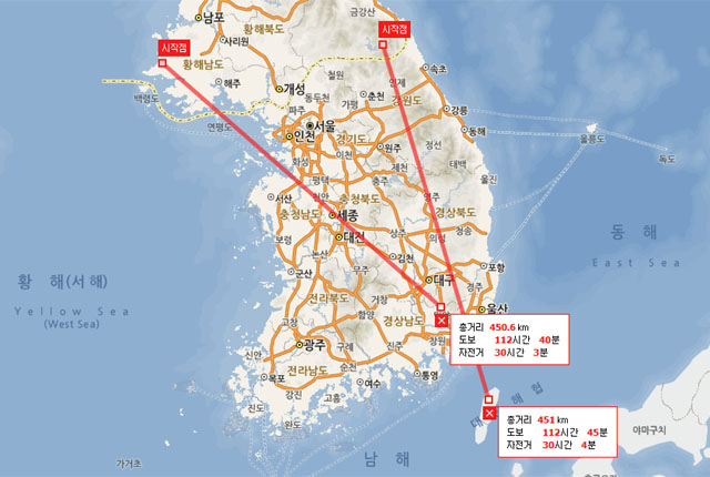 ▲ 북한이 6일 발사한 단거리 미사일의 사거리로 거리를 잴 경우 도달 범위. 대마도 북쪽까지도 공격 가능하다. ⓒ네이버 지도 거리측정 캡쳐.