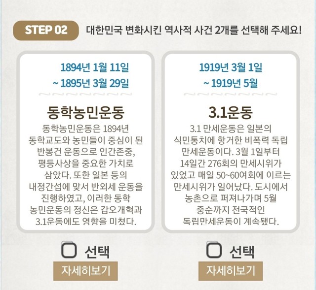 ▲ 경기도교육청 홈페이지에 게제된 대한민국을 변화시킨 역사적 사건에 포함된 동학농민운동. ⓒ박성원 기자