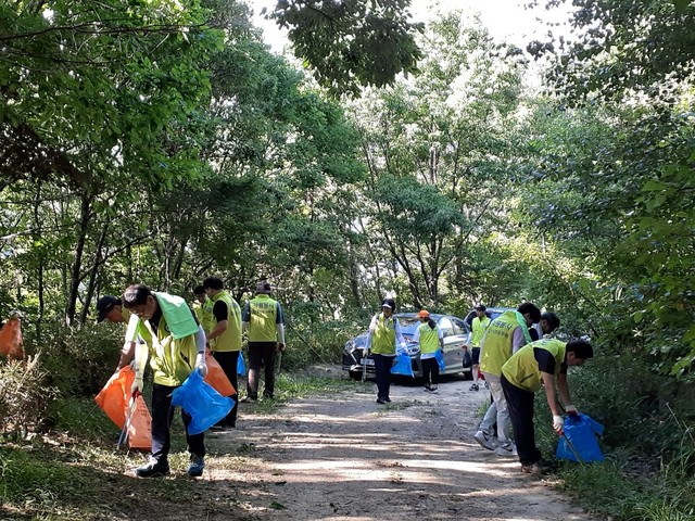 ▲ 지난 10일 김천시 청렴감사실 직원들은 폭염에도 불구하고 해피투게더 김천 운동 실천의 일환으로 증산면 수도계곡 일대를 찾아 자연정화 활동을 펼쳤다.ⓒ김천시