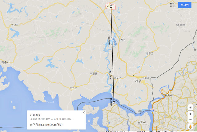 ▲ 평산 우라늄 공장이 있는 황해북도 평산군에서 인천시 김포까지의 거리는 50여 km 남짓이다. 예성강 하구에서 김포까지 거리는 몇 km 되지 않는다. ⓒ구글맵 거리 측정 캡쳐.