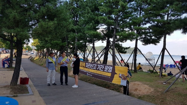 ▲ 포항시 직원들이 영일대 해수욕장 일원에서 시민을대상으로 반려동물 등록 홍보 캠페인을 펼치고 있다.ⓒ포항시