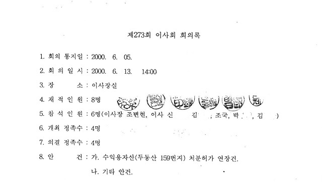 ▲ 2000년 6월 13일열린 웅동학원 제273회 이사회 참석자.