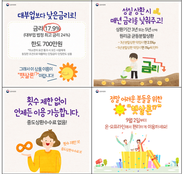 ▲ 금융위원회가 오는 2일부터 은행권 13곳에서 고금리 대환상품인 '햇살론17'을 이용할 수 있다고 밝혔다. ⓒ 금융위원회