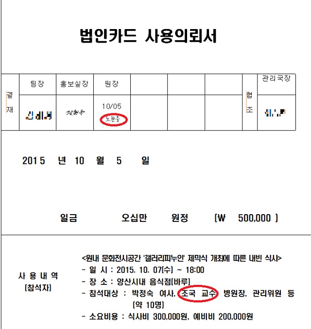 ▲ 부산대병원 홍보팀이 작성한 법인카드 사용 의뢰서. 노환중 당시 양산부산대병원장이 서명했고, 만찬 참석명단에 조국 법무부장관 후보자와 모친인 박정숙 전 웅동학원 이사장의 이름이 적혀있다. 
ⓒ곽상도 의원실