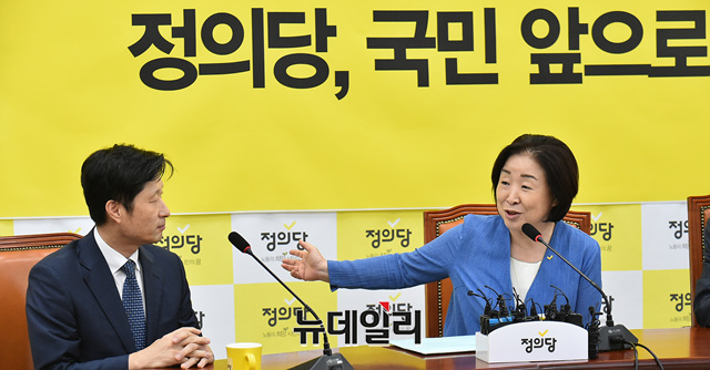 ▲ 심상정 정의당 대표, 윤소하 원내대표가 26일 오후 국회에서 열린 조국 법무부 장관 후보자 소명 관련 간담회에서 김후곤 법무부 청문회 준비단장과 대화를 나누고 있다.ⓒ이종현 기자