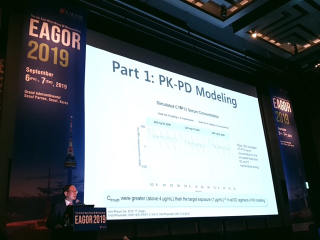 ▲ 유대현 한양대학교 류마티스병원 교수가 동아시아 류마티스 학회(EAGOR)에서 램시마SC 임상시험 결과를 발표하고 있다. ⓒ셀트리온