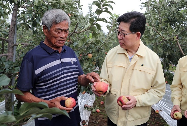 ▲ 양승조 충남도지사가 태풍 링링으로 피해를 입은 한 사과 피해농장 농민과 피해현황과 관련해 이야기를 하고 있다.ⓒ충남도