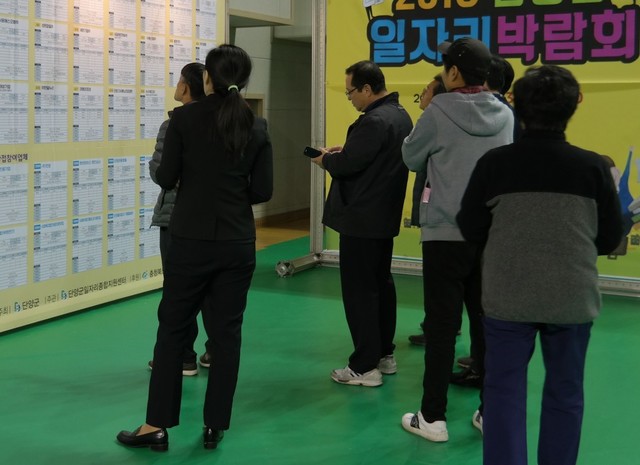 ▲ 지난해 단양군 일자리박람회를 찾은 주민들이 자신의 적성에 맞는 업종을 선택하기 위해 각 기업체 별 구인난을 살펴보고 있다.ⓒ단양군