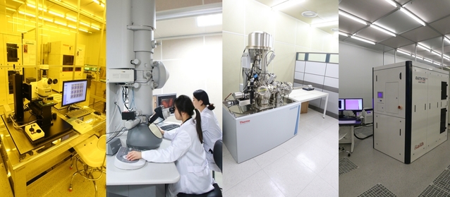 ▲ DGIST 중앙기기센터 첨단 분석장비 모습(왼쪽부터 반도체소자 검사용 마이크로스코프, BIO-TEM, 광전자분광표면분석기, 전자빔리소그래피 시스템).ⓒDGIST