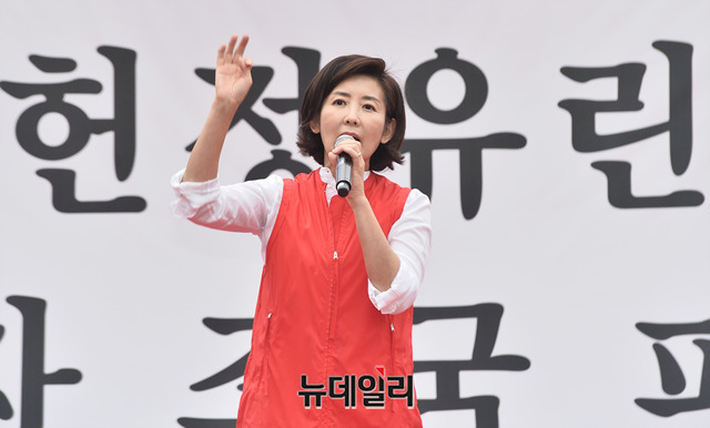 ▲ 나경원 한국당 원내대표는 21일 광화문 광장에서 열린 '문재인 정권 헌정유린 중단과 위선자 조국 파면 촉구대회'에서 
