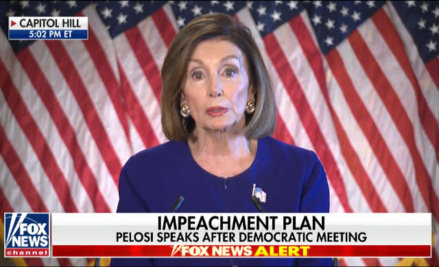▲ 낸시 펠로시 美하원의장이 도널드 트럼프 대통령 탄핵 절차를 시작한다는 기자회견을 가졌다. ⓒ美폭스뉴스 관련보도 화면캡쳐.