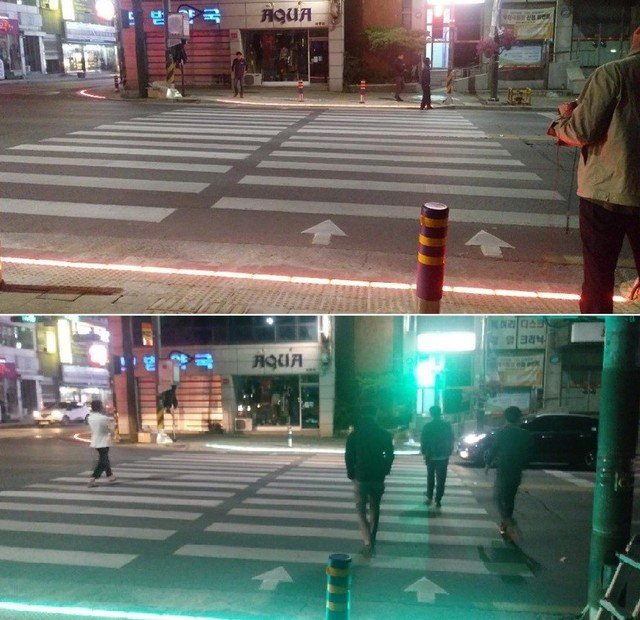 ▲ 제천시가 도내 최초로 횡단보도에 설치한 '바닥신호등. 윗쪽 사진은 신호등이 적색으로 변할 때 모습. 아래쪽 사진은 신호등이 녹색으로 바뀔 때 바닥 조명이 녹색으로 변한 모습.ⓒ제천시