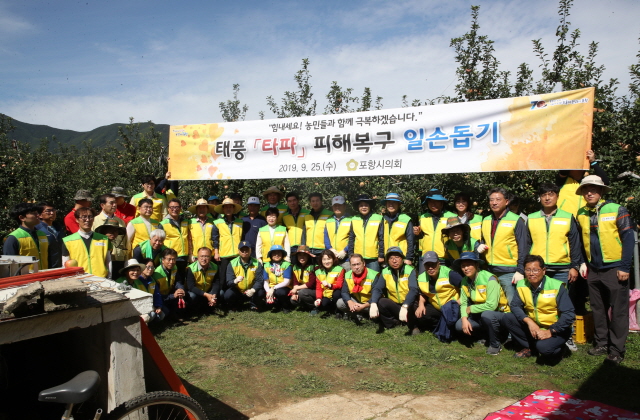▲ 포항시의회 의원들이 신광면 과수농가를 찾아 태풍 피해복구 일손 돕기에 나섰다. ⓒ포항시의회