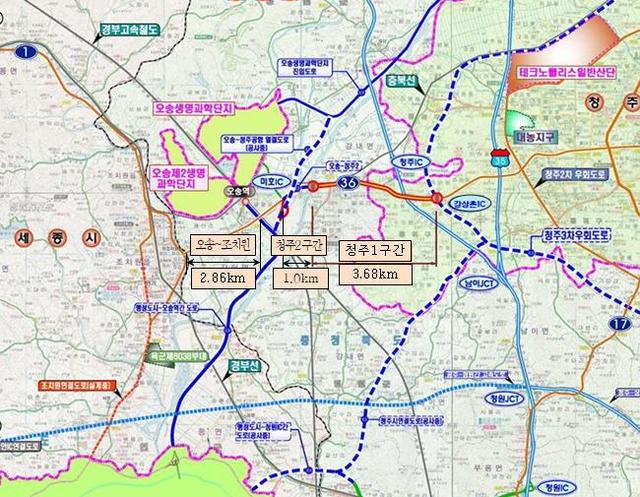 ▲ 오송~청주 확장도로 노선도.ⓒ행정중심복합도시건설청