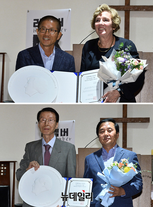 ▲ 1일 저녁 서울시 정동제일교회에서 열린 '리멤버NK'행사에서 수잔 숄티 디펜스포럼재단대표와 김성민 자유북한방송 대표가 북한 인권 증진을 위해 헌신한 공로로 '리멤버NK인권상'을 수상했다. 수잔 숄티 대표는 김문수 전 경기 지사가, 김성민 대표는 김태훈 상임대표가 각각 시상했다. ⓒ박성원 기자