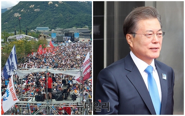 ▲ 청와대를 향해 운집한 광화문 집회 인파들과 문재인 대통령. ⓒ뉴데일리 DB