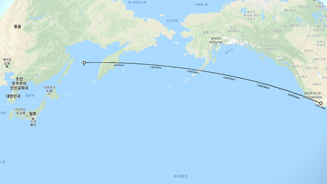 ▲ 오오츠크 해에서 미국 캘리포니아까지의 거리는 약 7000km다. 북극성-3호가 중국의 JL-2처럼 3단 고체연료 로켓을 장착했다면 도달할 수 있는 거리다. ⓒ구글 지도 캡쳐.