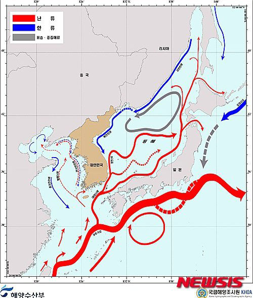 ▲ 2015년 12월 국립해양조사원이 공개한 동해 해류지도. ⓒ뉴시스. 무단전재 및 재배포 금지.