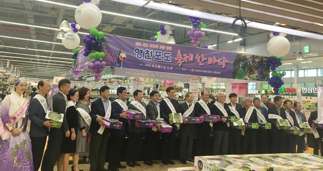 ▲ 영천시는 지난 8일 울산농협유통센터에서 영천의 대표 포도인 머루포도와 샤인머스켓 포도를 대도시 소비자에게 직접 홍보에 나섰다.ⓒ영천시