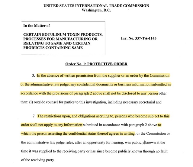 ▲ 미국 ITC 소송 관련 공개 가능 규정 ⓒ메디톡스
