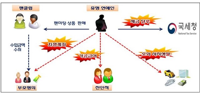 ▲ 팬미팅 티켓·기념품 판매 수입금액을 부모 명의 차명계좌로 수취한 연예인 사례 ⓒ국세청 자료