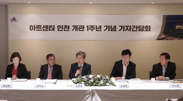 ▲ 왼쪽부터 박지연 아트센터인천 공연기획팀장, 이학규 아트센터인천 운영단장, 이원재 인천경제자유구역청장.ⓒ아트센터 인천