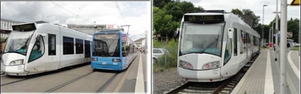 ▲ 독일 트램-트레인 운영 사례-왼쪽은 시내구간 트램노선, 오른쪽은 외곽이동 일반노선 이용.ⓒ국토부