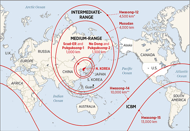 ▲ 미국 헤리티지 재단이 내놓은 '2020 미국 군사력 지표' 보고서에서 평가한 북한 미사일 사거리. ⓒ美헤리티지 재단 보고서 캡쳐.