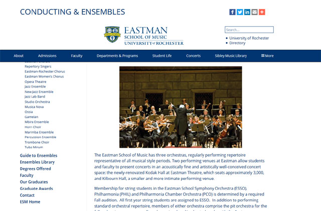 ▲ 美로체스터대 이스트먼 음대 소개 화면. ⓒ이스트먼 음대 홈페이지 캡쳐.