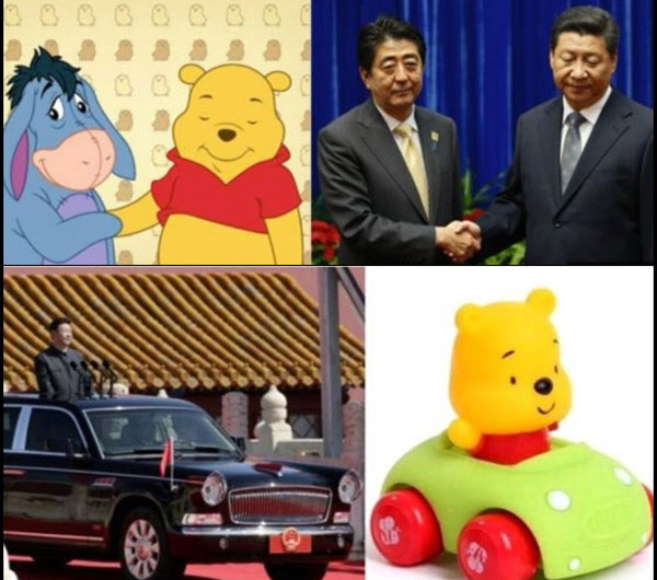 ▲ 아베 신조 일본 총리와 시진핑 중국 국가주석을 '위니 더 푸'의 캐릭터와 비교해 놓은 사진들. 중국에서는 이 사진을 검색하면 불법이라고 알려져 있다. ⓒ온라인 커뮤니티 캡쳐.