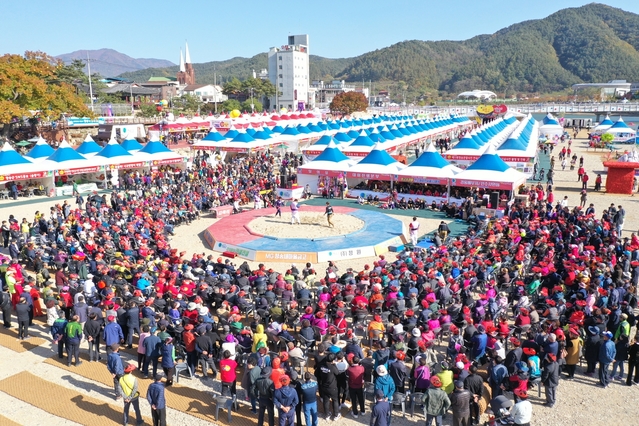 ▲ 31일 축제장 내 특설씨름장에서는 ‘2019 청송황금사과배 여자프로씨름대회’가 열려 관광객들의 시선을 사로잡고 함성을 자아냈다. ⓒ청송군