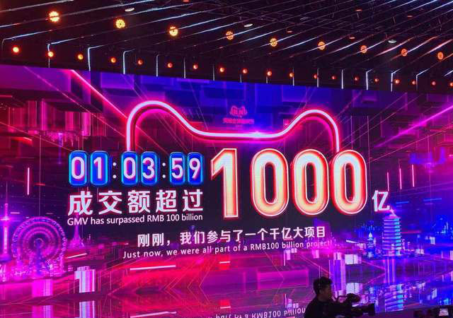 ▲ 알리바바 그룹의 광군제 매출 전광판. 1시간 남짓만에 1000억 위안(한화 16조6000억 원)을 돌파했다. ⓒ뉴시스. 무단전재 및 재배포 금지.