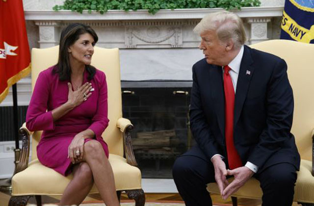 ▲ 지난해 10월 9일 유엔 대사를 사임한 뒤 백악관에서 트럼프 대통령과 만난 니키 헤일리. ⓒ뉴시스 AP. 무단전재 및 재배포 금지.