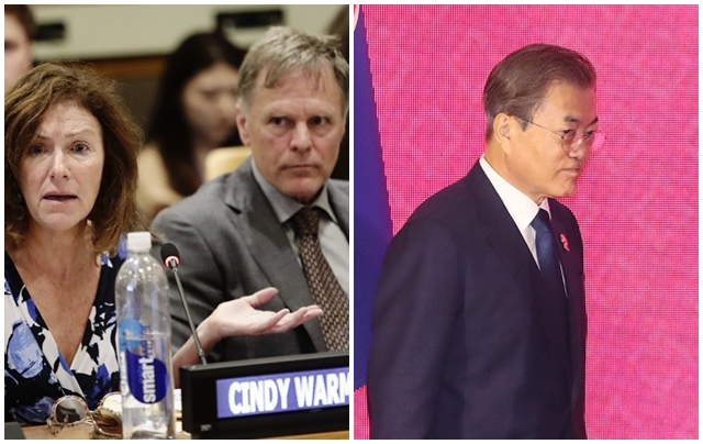 ▲ 오토 웜비어의 부모 신디와 프레드 웜비어가 2018년 5월 4일 유엔 본부에서 열린 북한 인권탄압 관형 회의에 참석한 모습(왼쪽)과 문재인 대통령.(오른쪽) ⓒ뉴시스