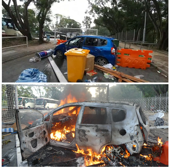 ▲ 중문대 학내에서 시민에 의해 파괴된 차량 (위) 와 전소된 모습 (아래)
ⓒ허동혁