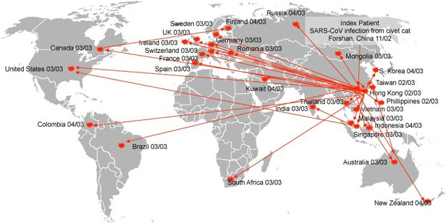 ▲ 2003년 중증급성호흡기증후군(SARS)이 전 세계로 확산되는 과정을 그린 지도. 중국 정부가 사실을 빨리 공개했더라면 피해자를 크게 줄일 수 있었다. ⓒ美국립과학재단(NSF) 홈페이지 캡쳐.